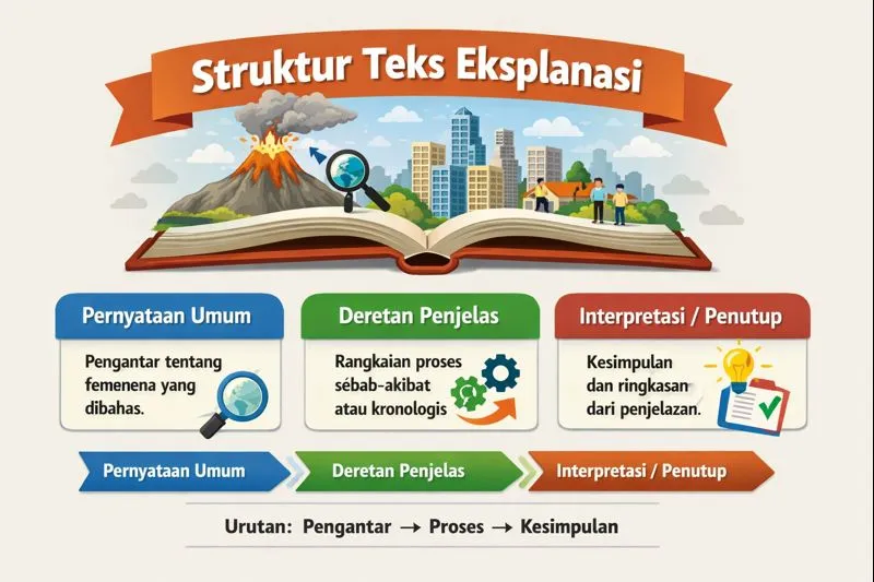 Cara menulis teks eksplanasi sesuai struktur dan kaidah bahasa Indonesia yang benar, lengkap dengan langkah, ciri kebahasaan, dan contoh kontekstual edukatif.