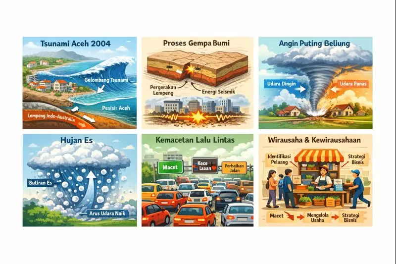 Ini adalah Contoh Teks Eksplanasi Alam (Tsunami Aceh 2004, gempa bumi, angin puting beliung, hujan es) dan Sosial (kemacetan lalu lintas, kewirausahaan)