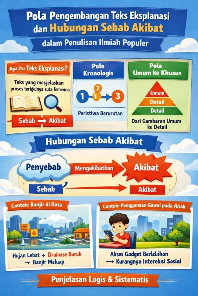 Pahami pola pengembangan teks eksplanasi dan hubungan sebab akibat secara mendalam, lengkap dengan contoh kontekstual dan penjelasan edukatif sesuai kaidah Bahasa Indonesia.