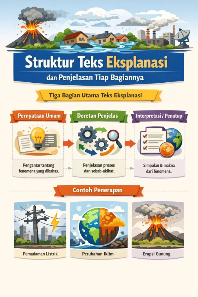 Struktur Teks Eksplanasi yang benar dan Penjelasan Tiap Bagiannya dibahas lengkap dan edukatif. Pelajari pengertian, bagian, fungsi, serta contoh penerapannya secara sistematis.
